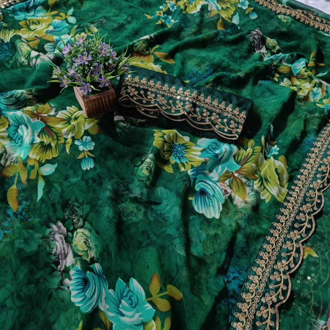Green georgette chiffon saree with flower print & sequin lace
