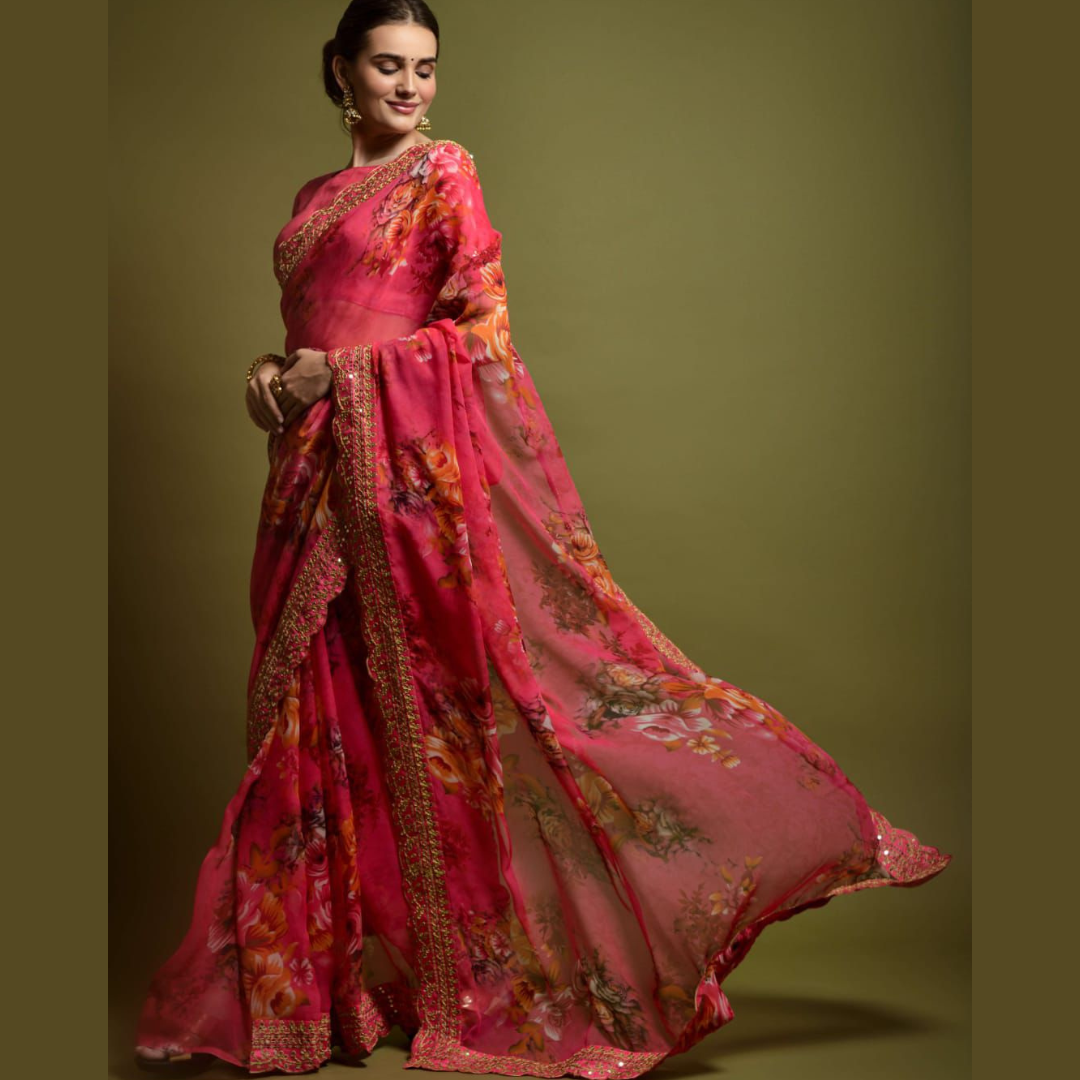 Pink georgette chiffon saree with flower print & sequin lace