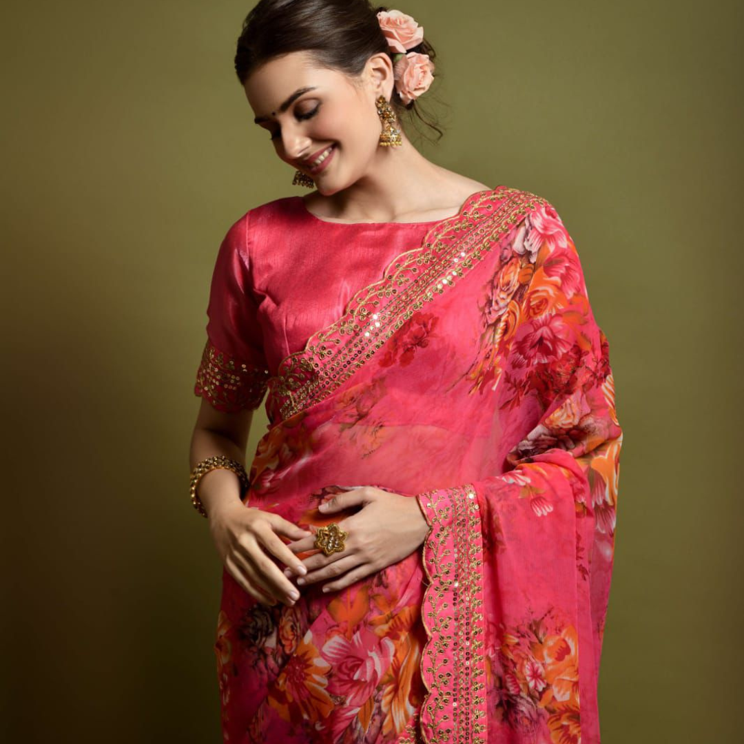 Pink georgette chiffon saree with flower print & sequin lace