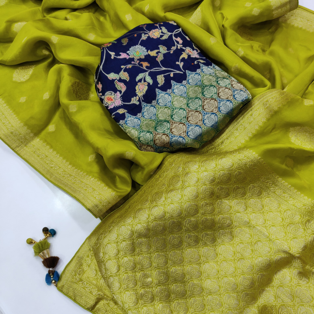 Parrot Green Silk Saree With Heavy Zari weaving Work And Tussles On Pallu & Designer Fancy Blouse Piece