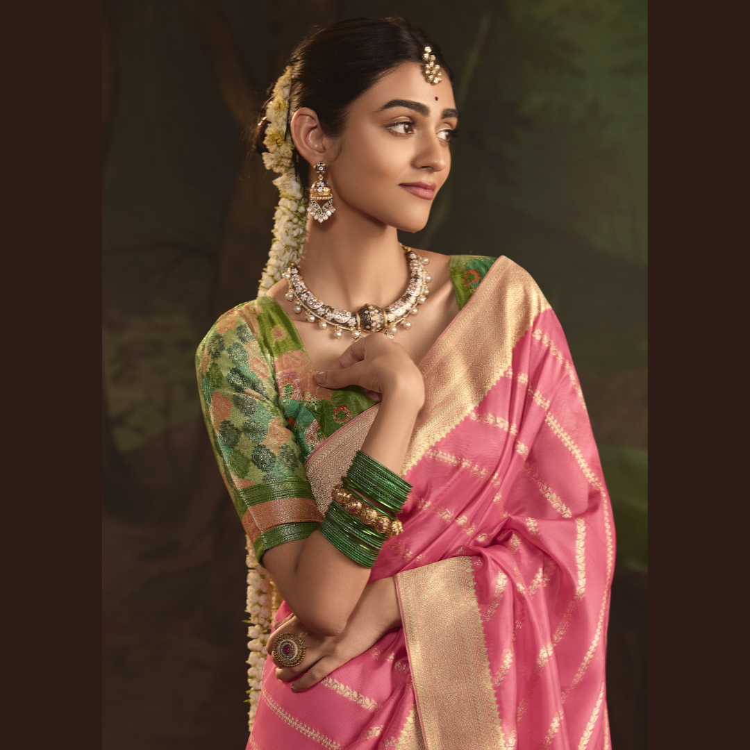 Pink Silk Saree With Heavy Zari weaving Work And Tussles On Pallu & Designer Fancy Blouse Piece
