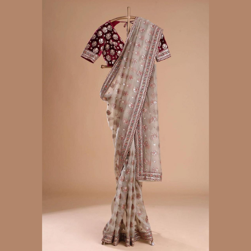 Soft Organza Silk Saree With Embroidery Sequin Work & Unstitched Blouse