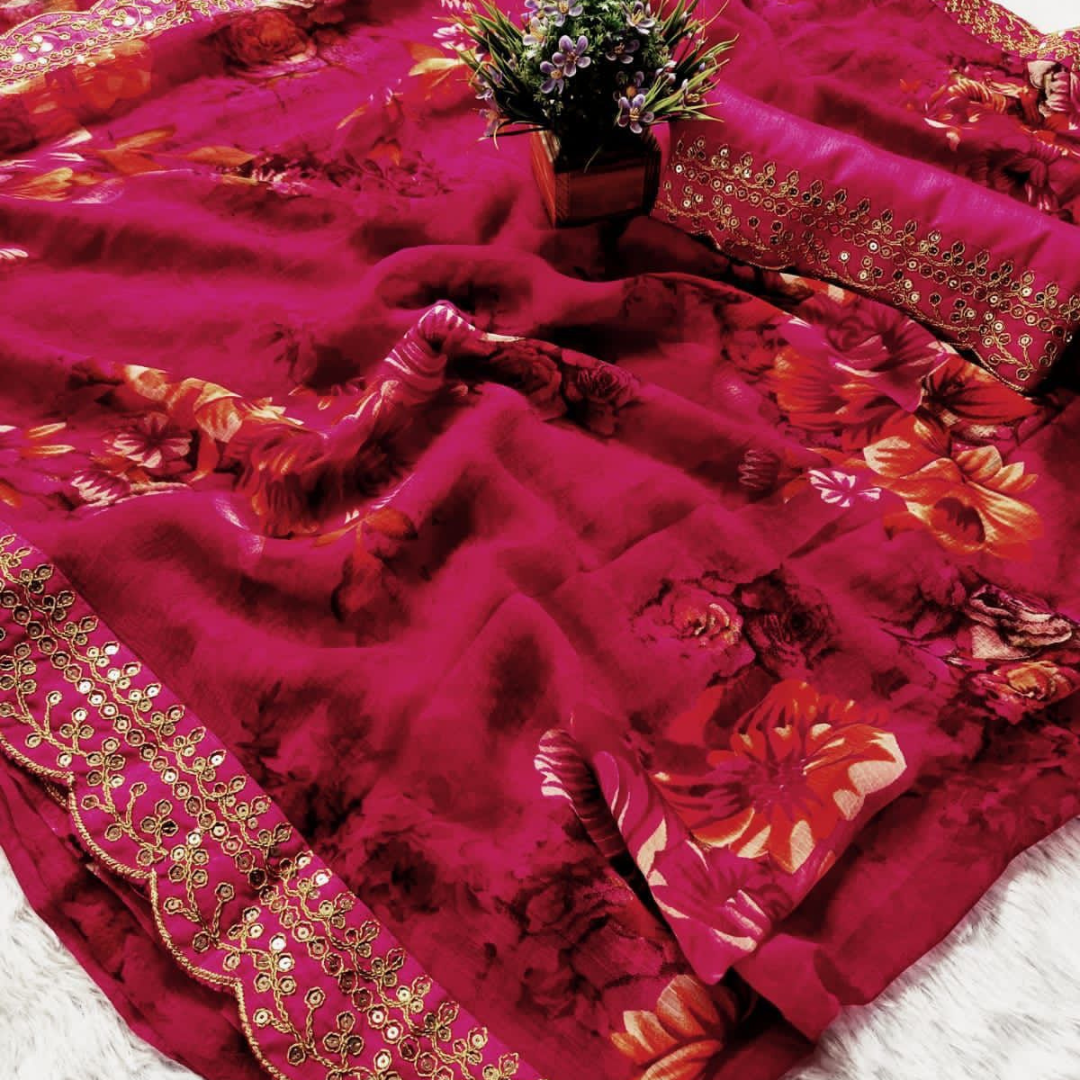 Pink georgette chiffon saree with flower print & sequin lace