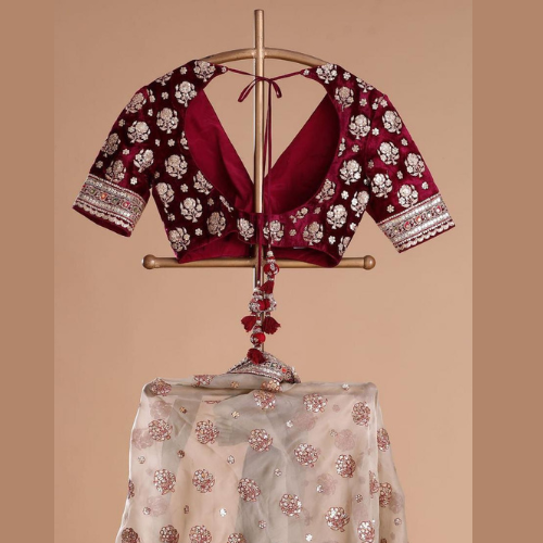 Soft Organza Silk Saree With Embroidery Sequin Work & Unstitched Blouse