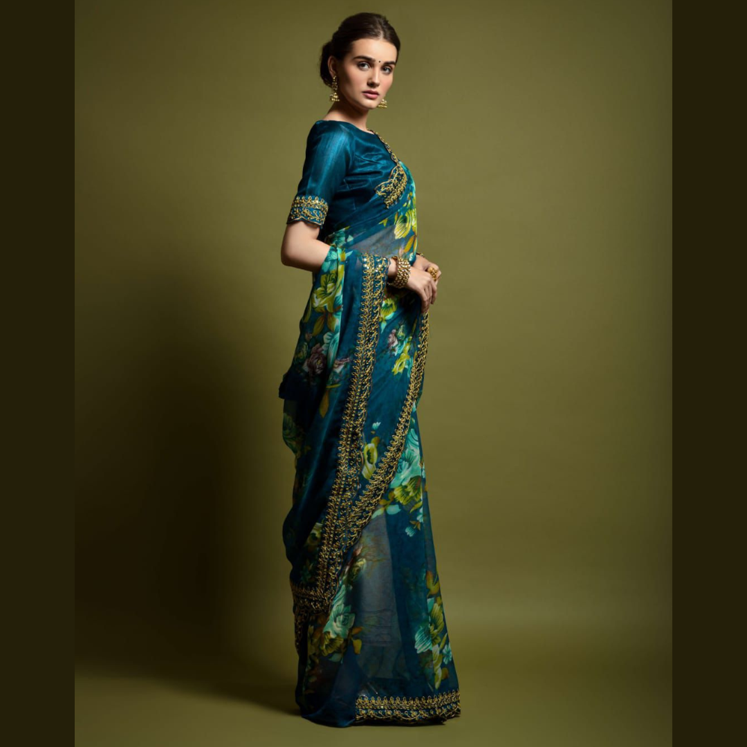 Blue georgette chiffon saree with flower print & sequin lace