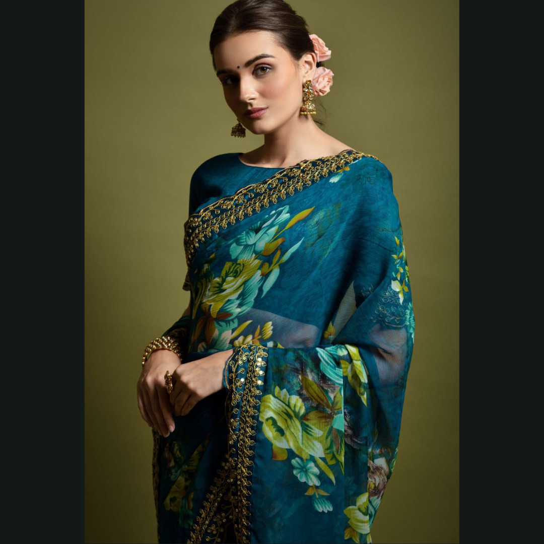 Blue georgette chiffon saree with flower print & sequin lace