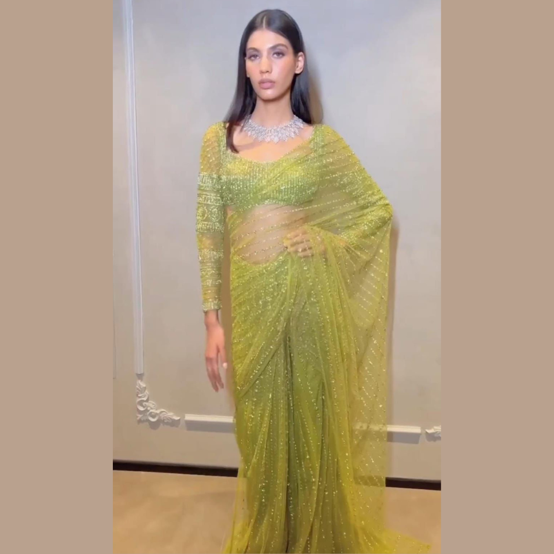 Green Net saree embellished with Sequin