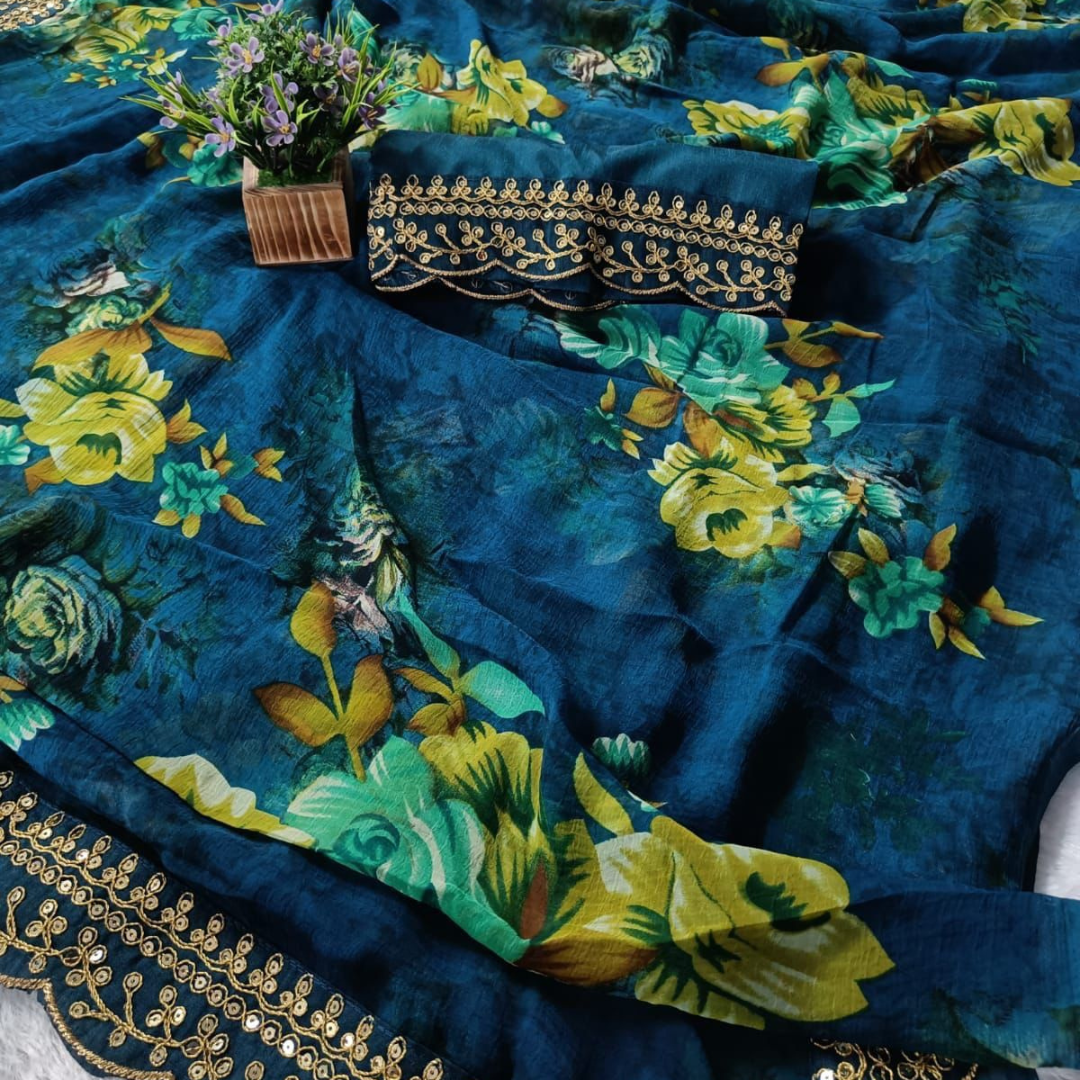 Blue georgette chiffon saree with flower print & sequin lace