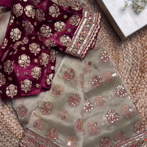 Soft Organza Silk Saree With Embroidery Sequin Work & Unstitched Blouse