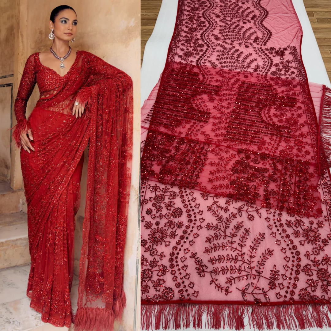 Red Net saree embellished with Sequin & Heavy Embroidered Blouse