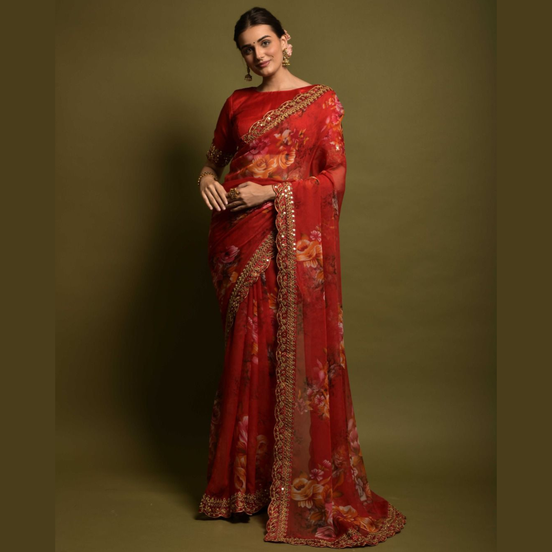 Red georgette chiffon saree with flower print & sequin lace