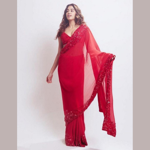 Red Georgette saree embellished with Sequin X Janvi Kapoor