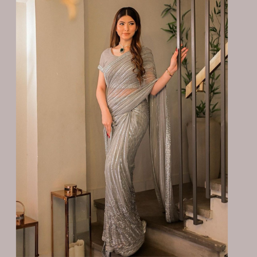 Silver Georgette lining saree embellished with Sequin