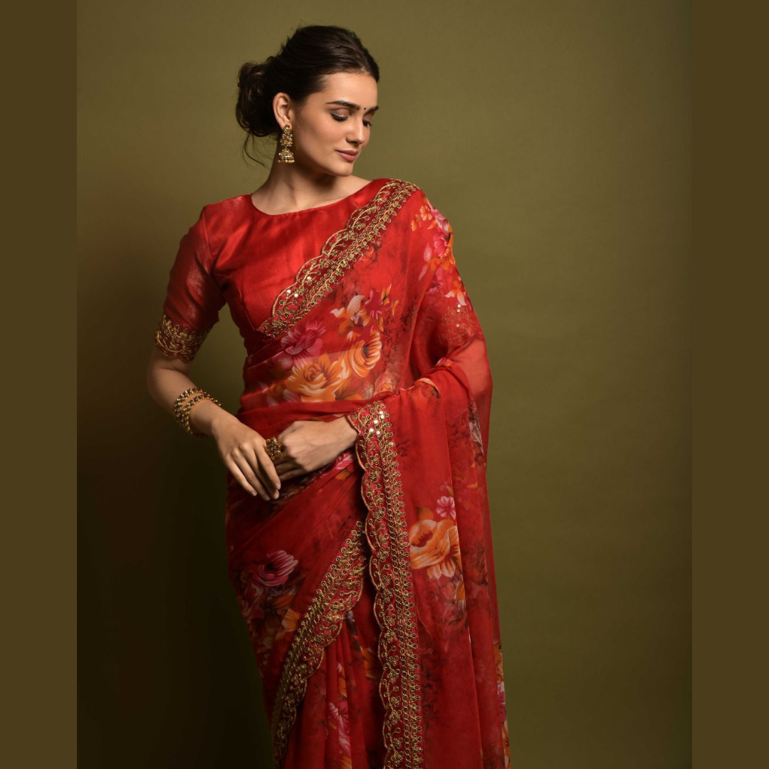 Red georgette chiffon saree with flower print & sequin lace