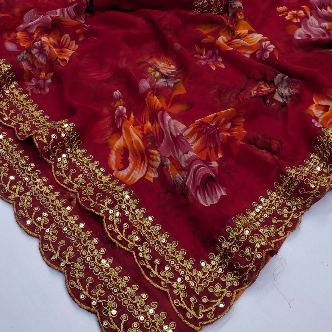 Red georgette chiffon saree with flower print & sequin lace