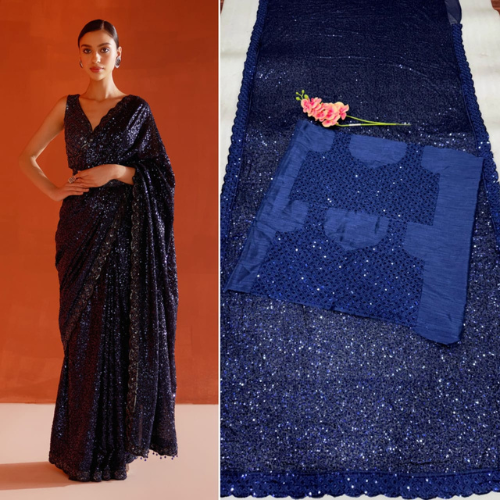 Full Sequin Blue Georgette saree with designer Blouse