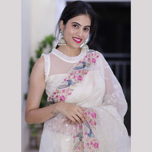 White Organza Soft Saree With Embroidery Sequin Work & Unstitched Blouse