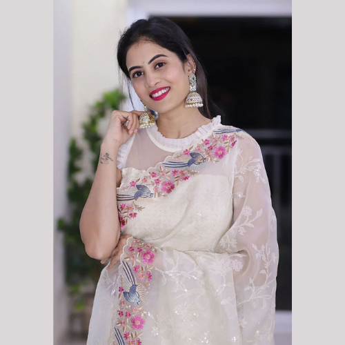 White Organza Soft Saree With Embroidery Sequin Work & Unstitched Blouse
