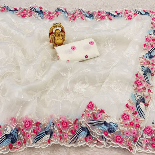 White Organza Soft Saree With Embroidery Sequin Work & Unstitched Blouse
