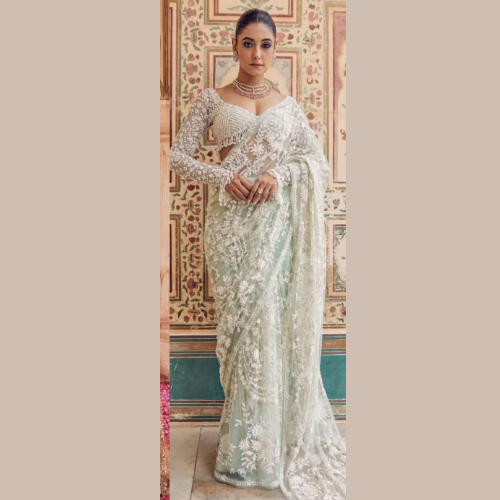 White Net saree embellished with Sequin Work and tassels in pallu with Designer Blouse