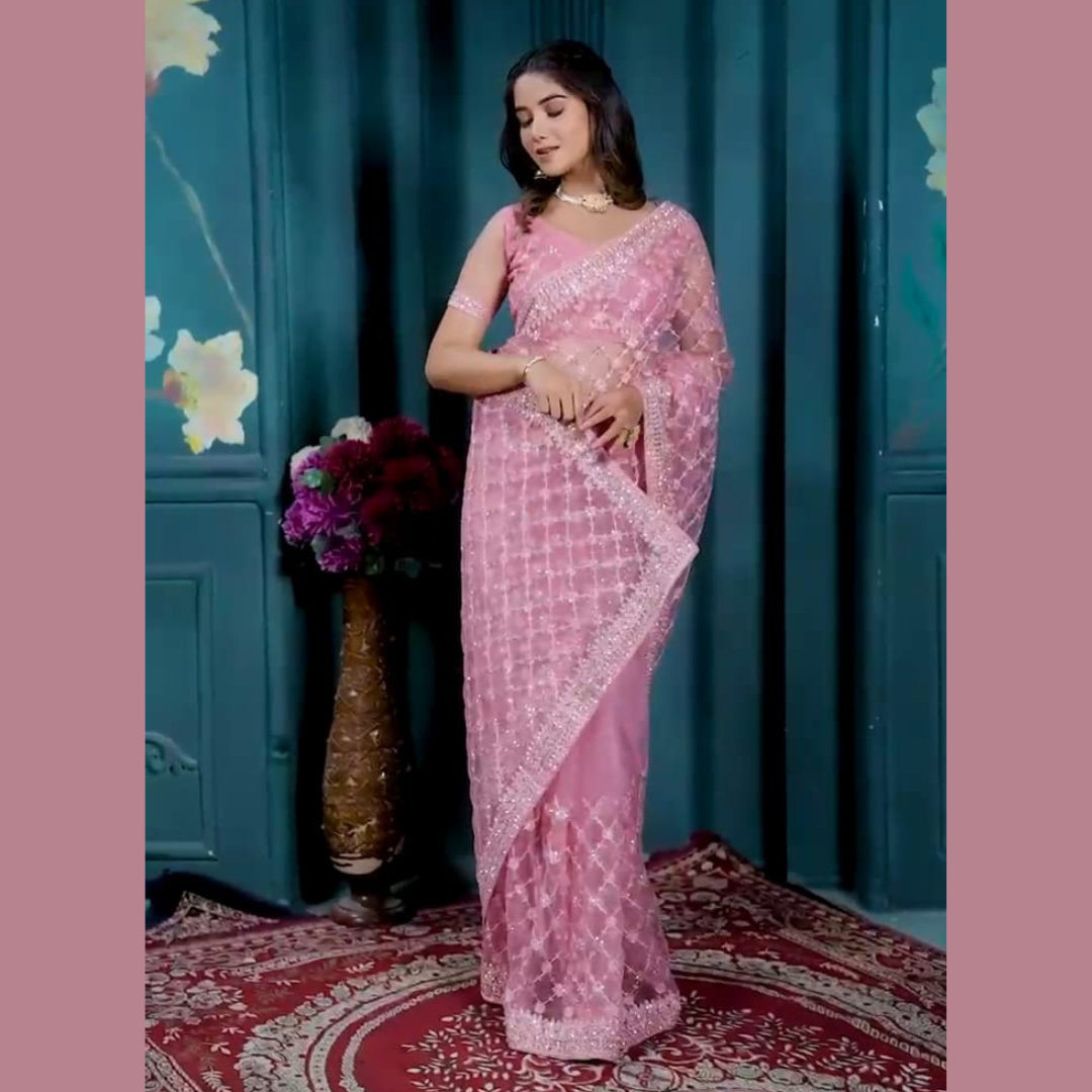 Pink Net saree embellished with Sequin & stone work