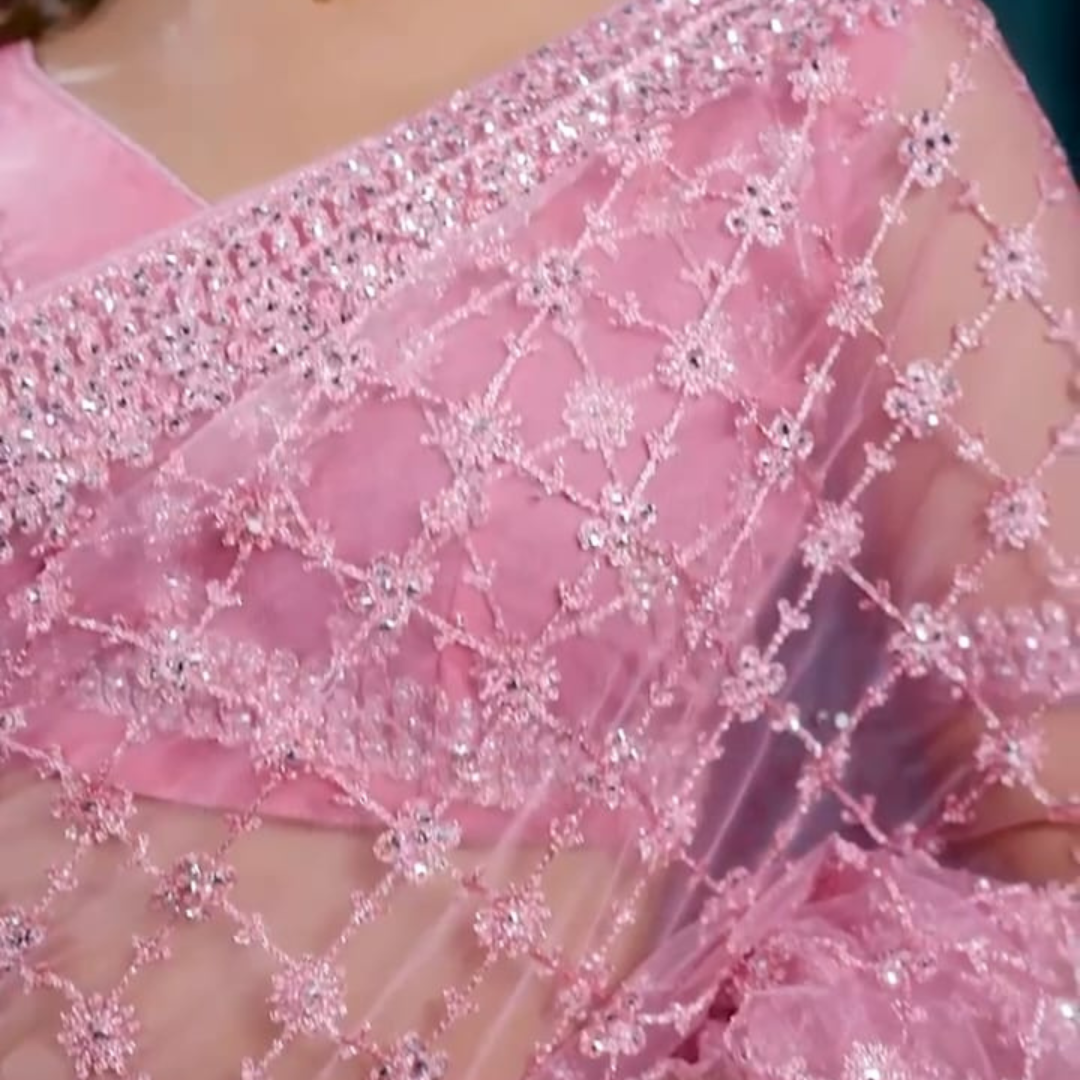 Pink Net saree embellished with Sequin & stone work