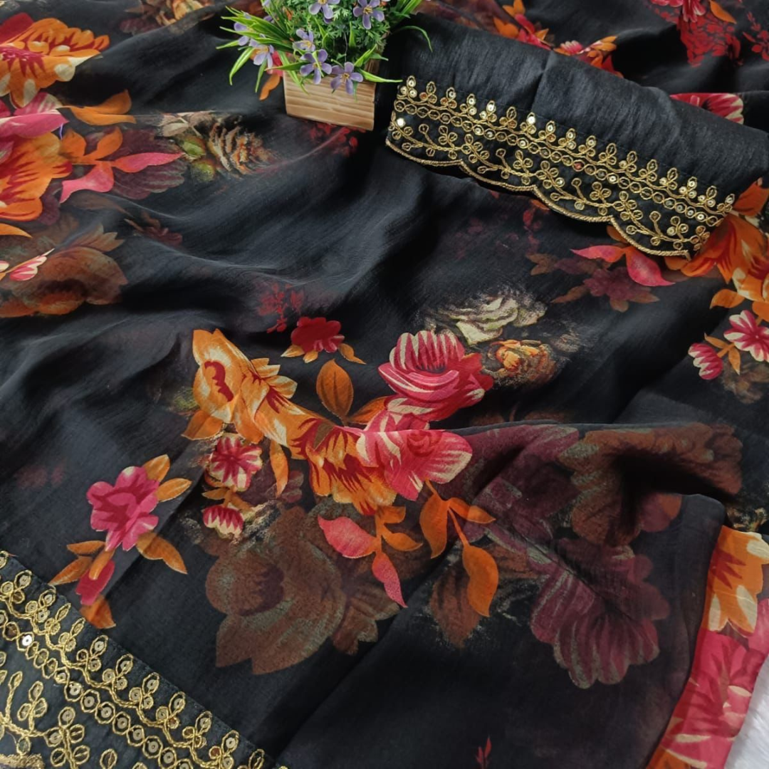 Black georgette chiffon saree with flower print & sequin lace