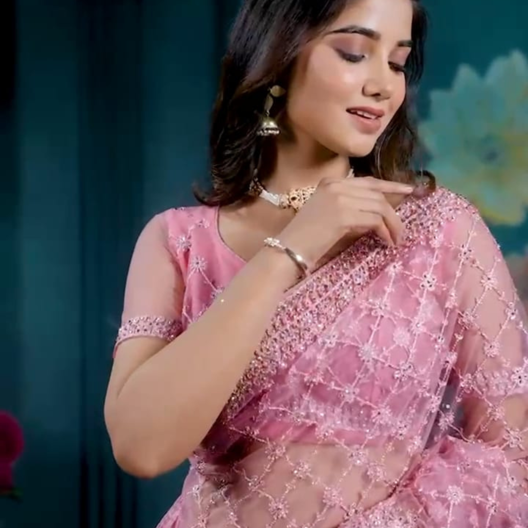 Pink Net saree embellished with Sequin & stone work