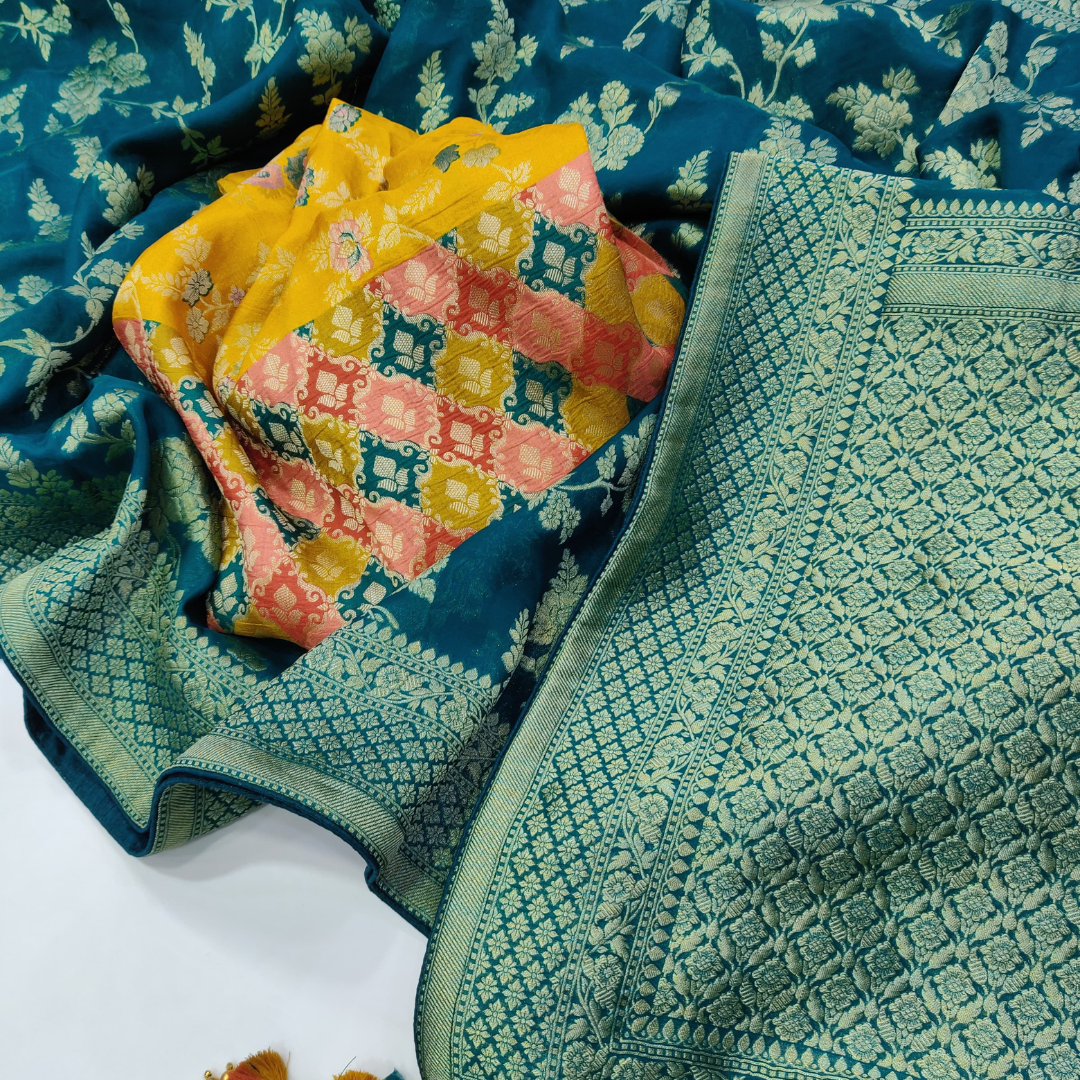 Teal Silk Saree With Heavy Zari weaving Work And Tussles On Pallu & Designer Fancy Blouse Piece