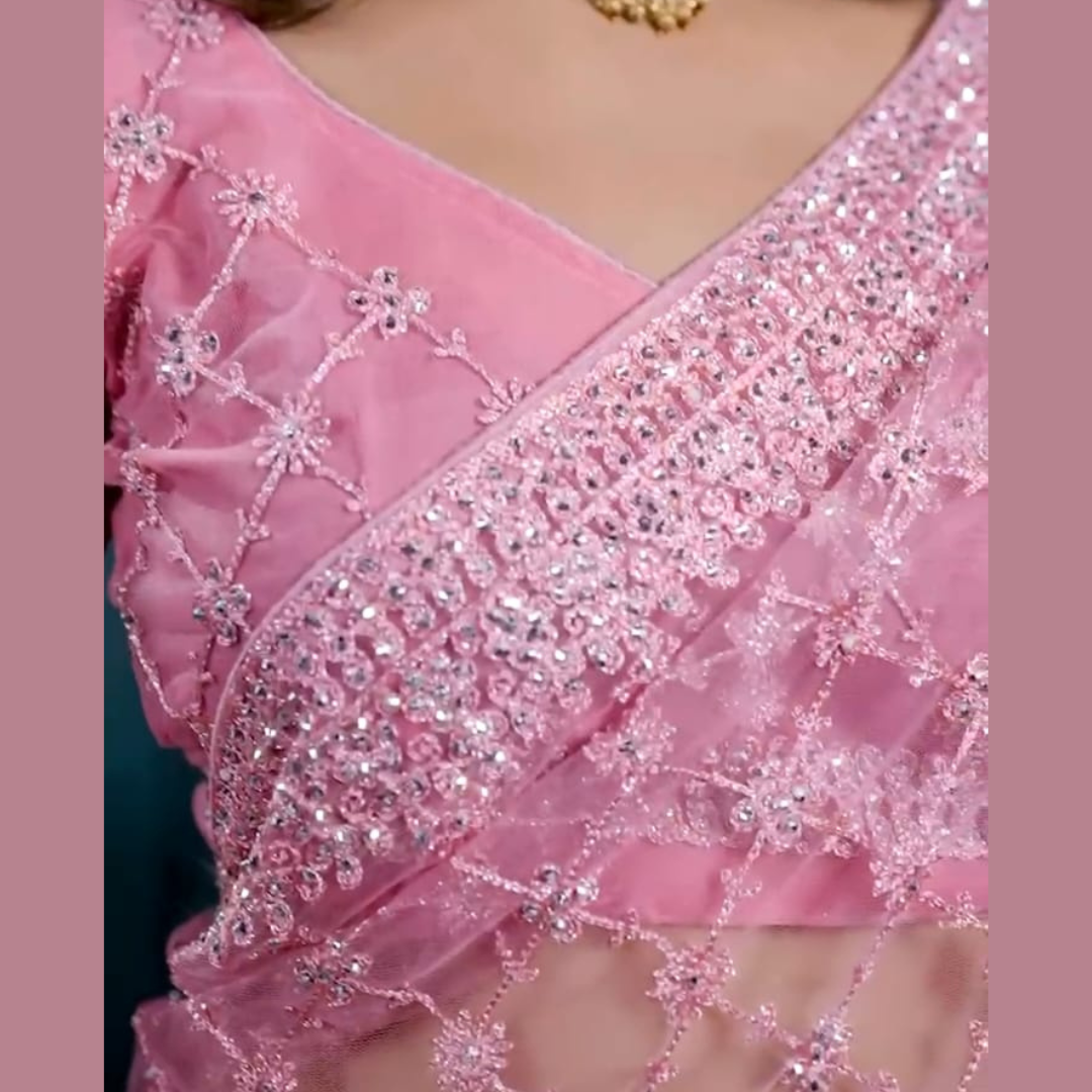 Pink Net saree embellished with Sequin & stone work