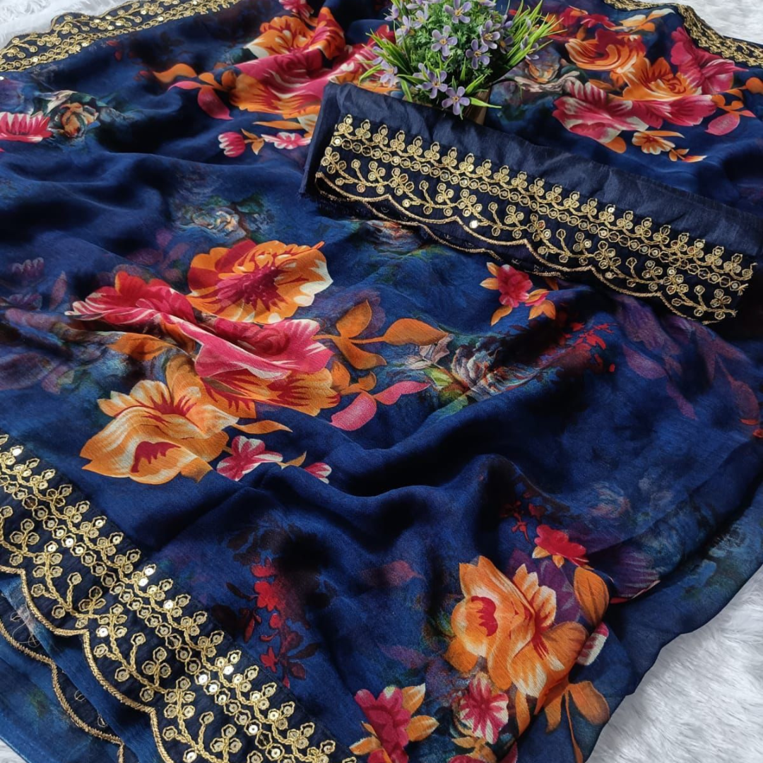 Navy Blue georgette chiffon saree with flower print & sequin lace
