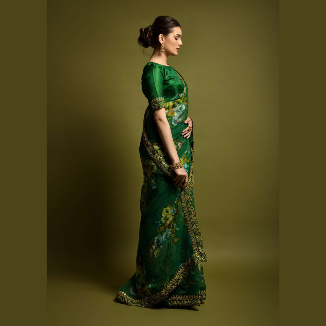 Green georgette chiffon saree with flower print & sequin lace