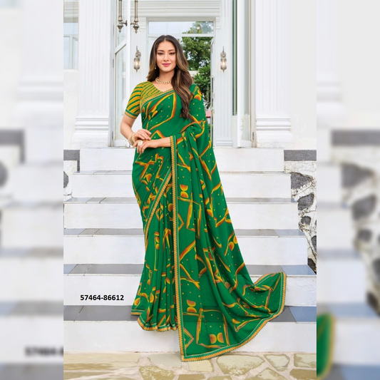 Exquisite Green Georgette Saree Adorned with Beautiful Prints – The Ultimate Choice for Trendsetters and Style Enthusiasts