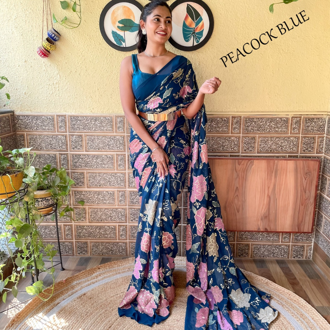Ready to wear Blue Georgette saree embellished with Sequin with belt - Blossom print