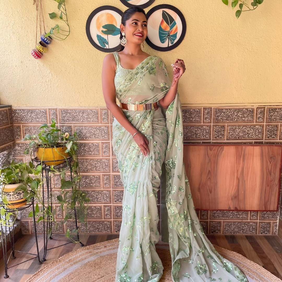 Ready to wear Georgette saree embellished with Sequin with belt - Pista green