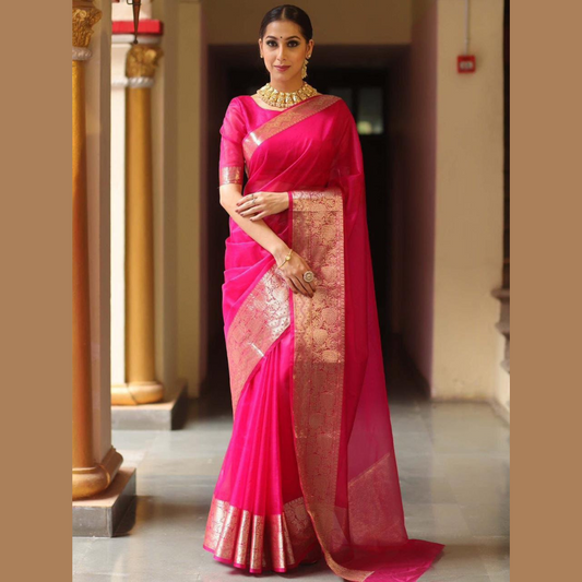 Pink Kora Organza jacquard Soft Saree With Pallu & Running Blouse