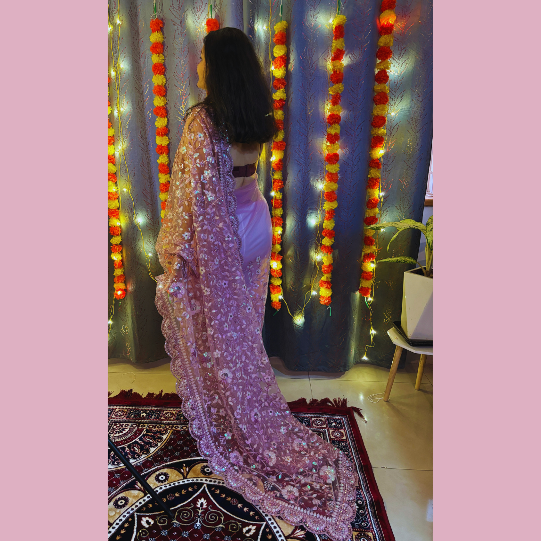 Onion Color Net beautiful saree embellished with Sequin