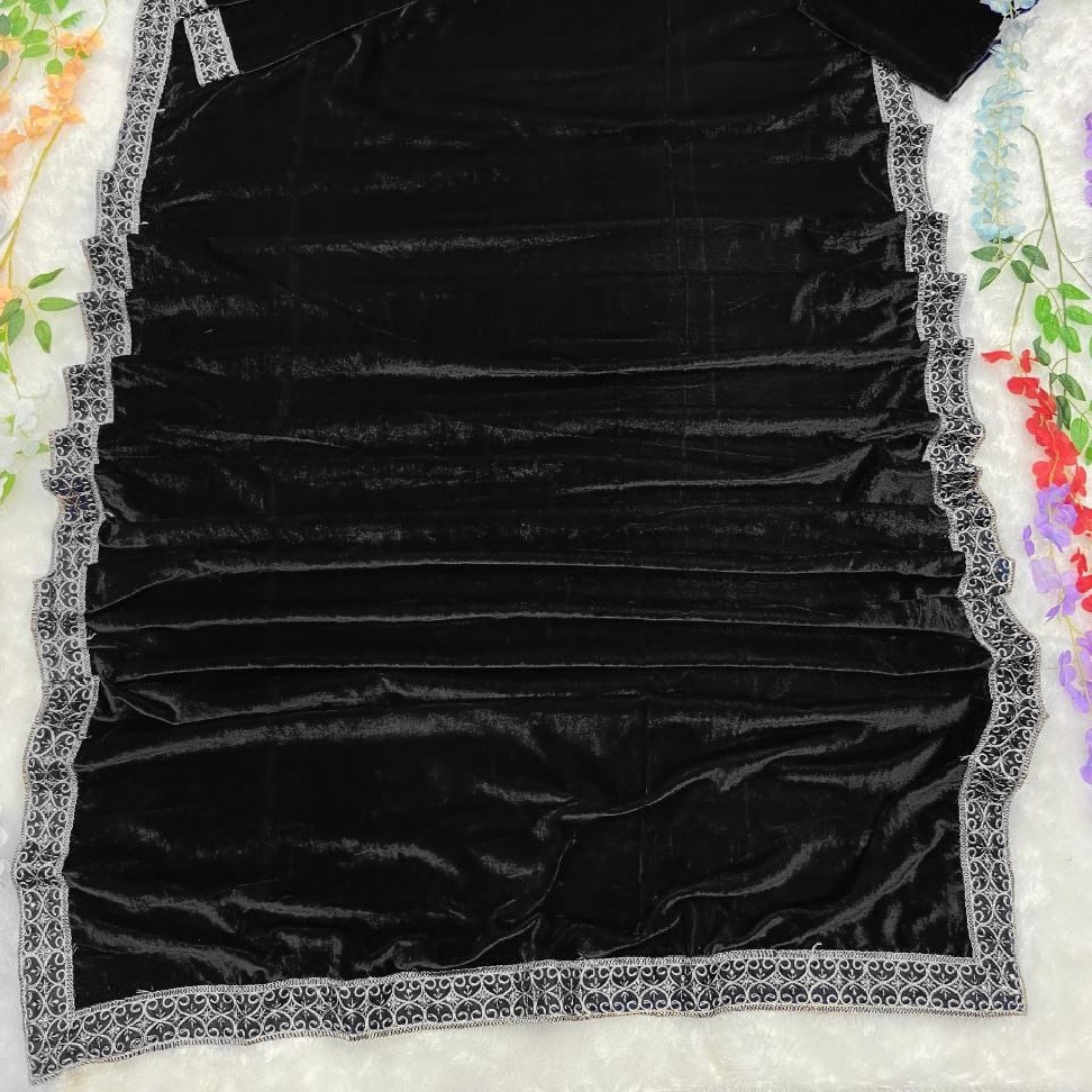 Ready to wear Velvet saree embellished with Sequin border, Stitched Blouse