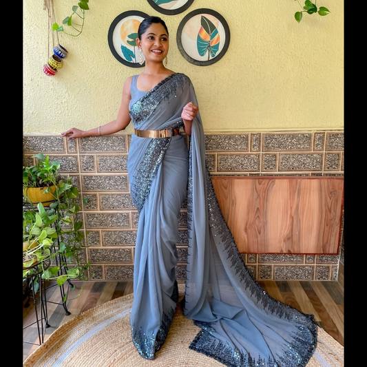 Ready to wear Georgette saree embellished with Sequin with belt -  Grey