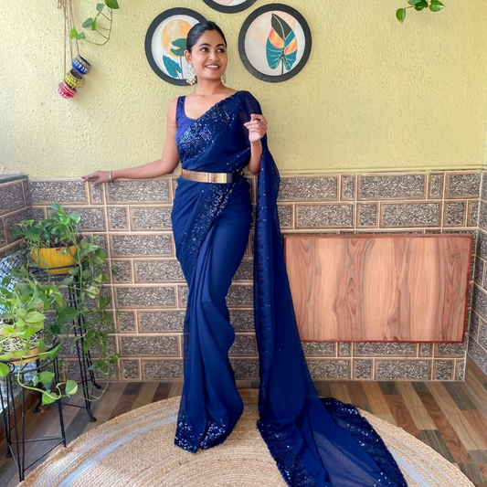 Ready to wear Georgette saree embellished with Sequin with belt - Navy Blue
