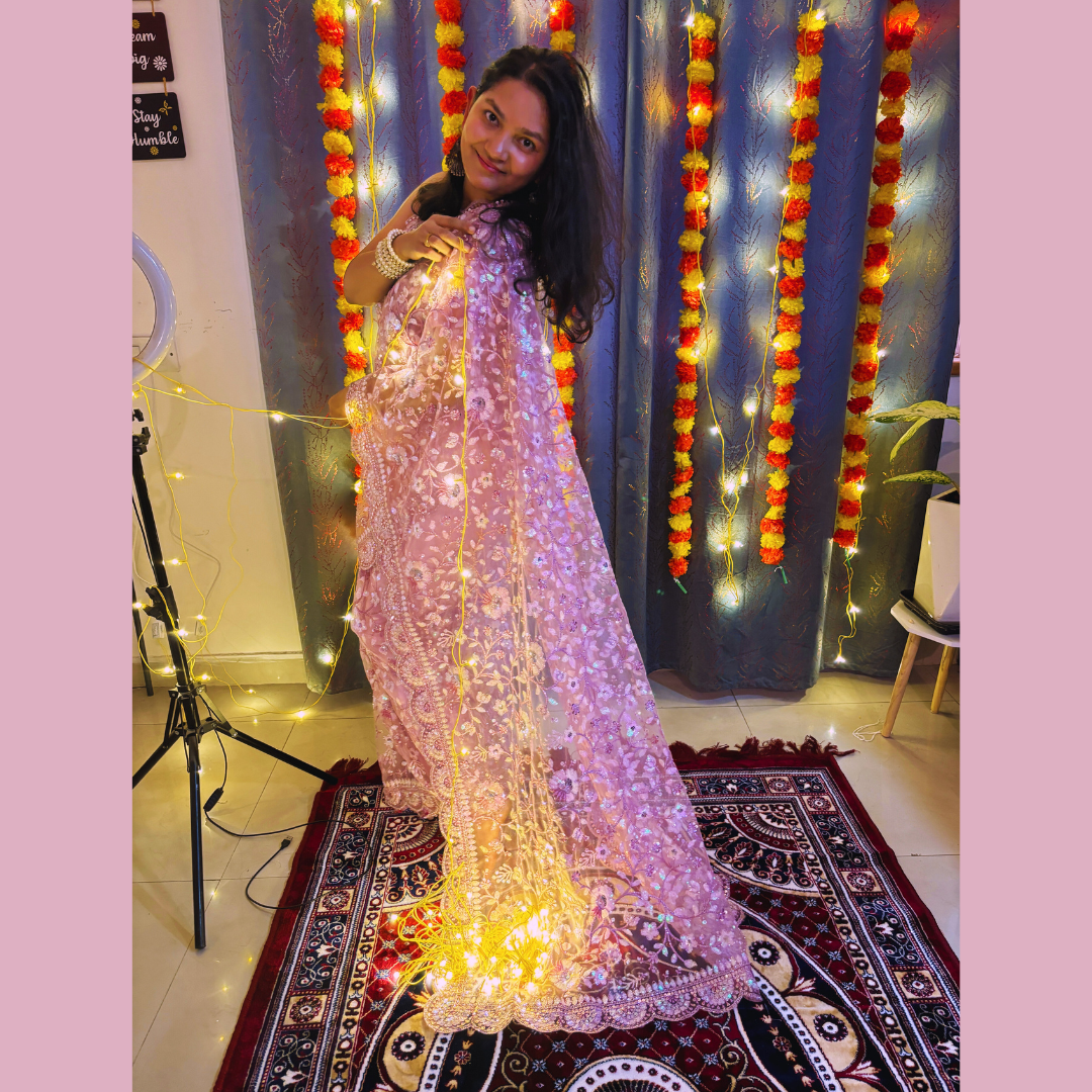 Onion Color Net beautiful saree embellished with Sequin