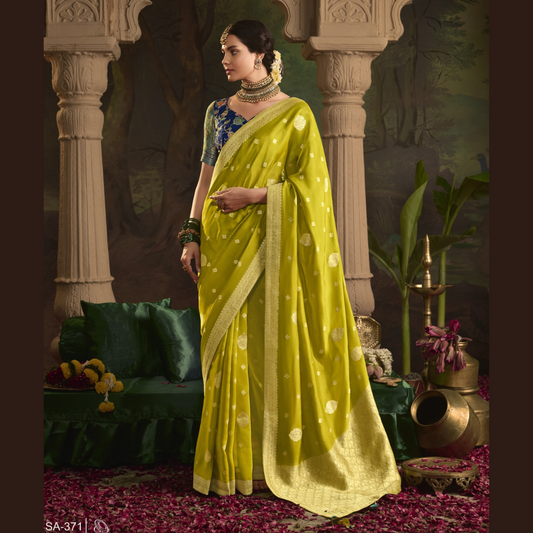 Parrot Green Silk Saree With Heavy Zari weaving Work And Tussles On Pallu & Designer Fancy Blouse Piece