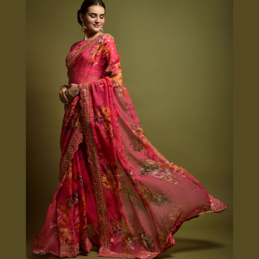 Pink georgette chiffon saree with flower print & sequin lace