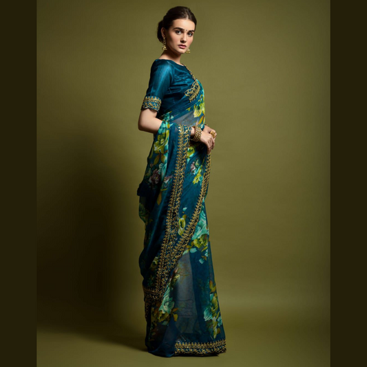 Blue georgette chiffon saree with flower print & sequin lace