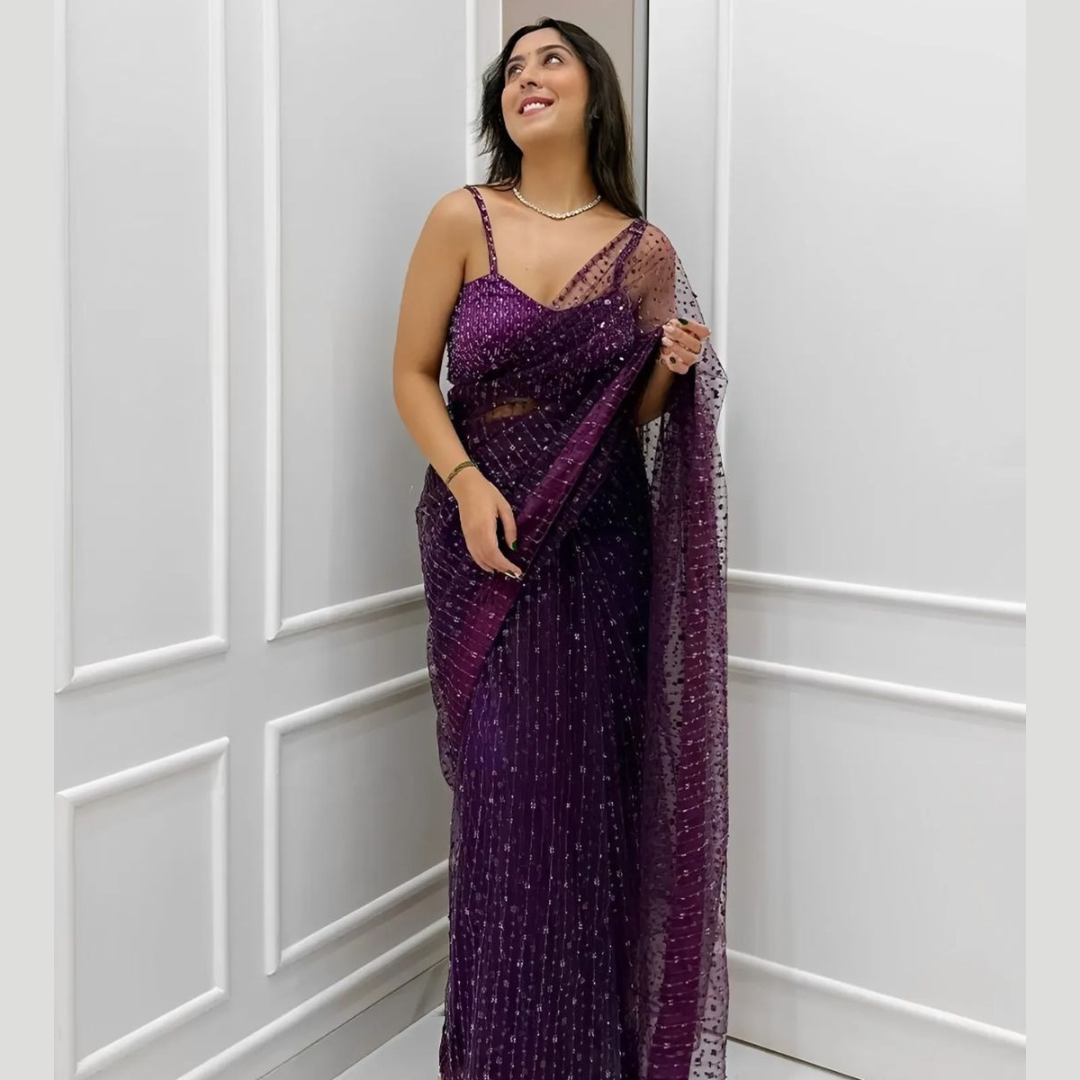 Wine net Georgette saree embellished with Sequin