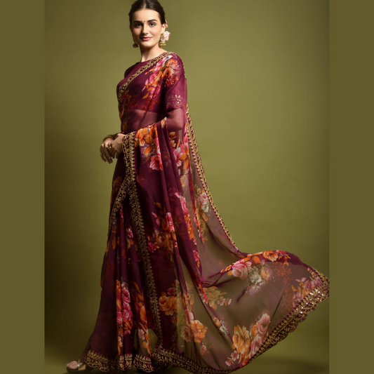 Maroon georgette chiffon saree with flower print & sequin lace