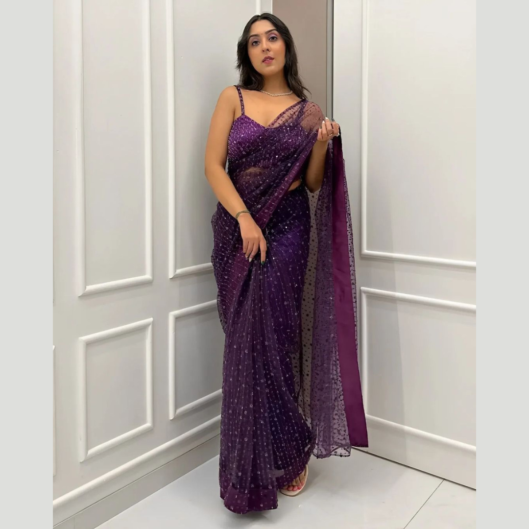 Wine net Georgette saree embellished with Sequin