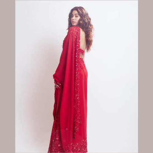 Red Georgette saree embellished with Sequin X Janvi Kapoor