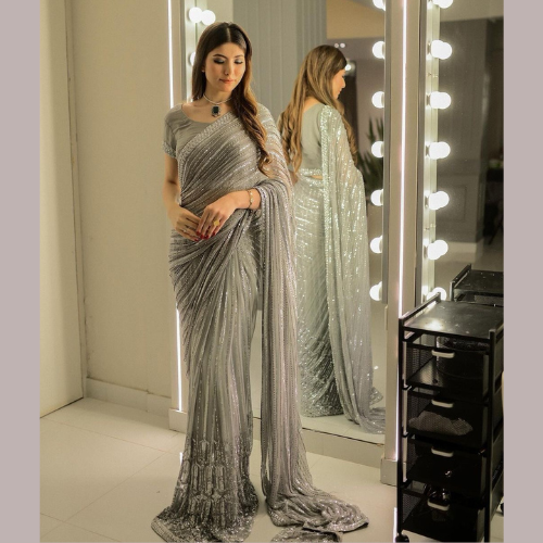 Silver Georgette lining saree embellished with Sequin