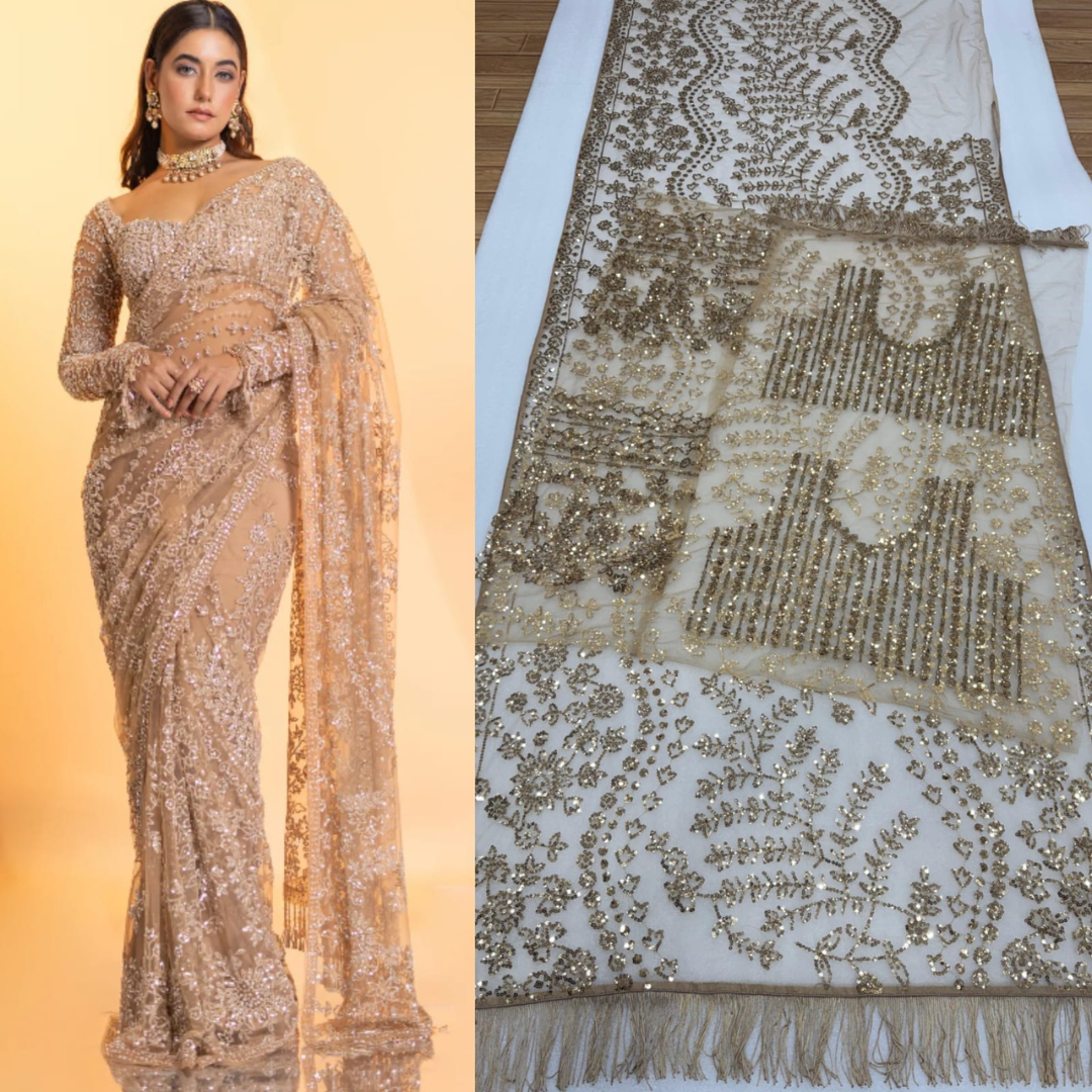 Brownish Net saree embellished with Sequin & Heavy Embroidered Blouse Piece